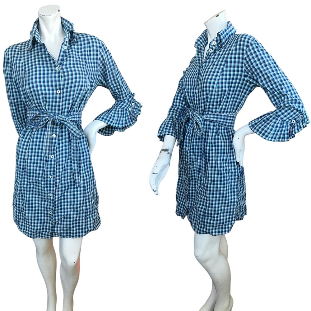Alicia Bell Blue & White Plaid 3/4 Accordian Sleeve Button Down Dress Size 8